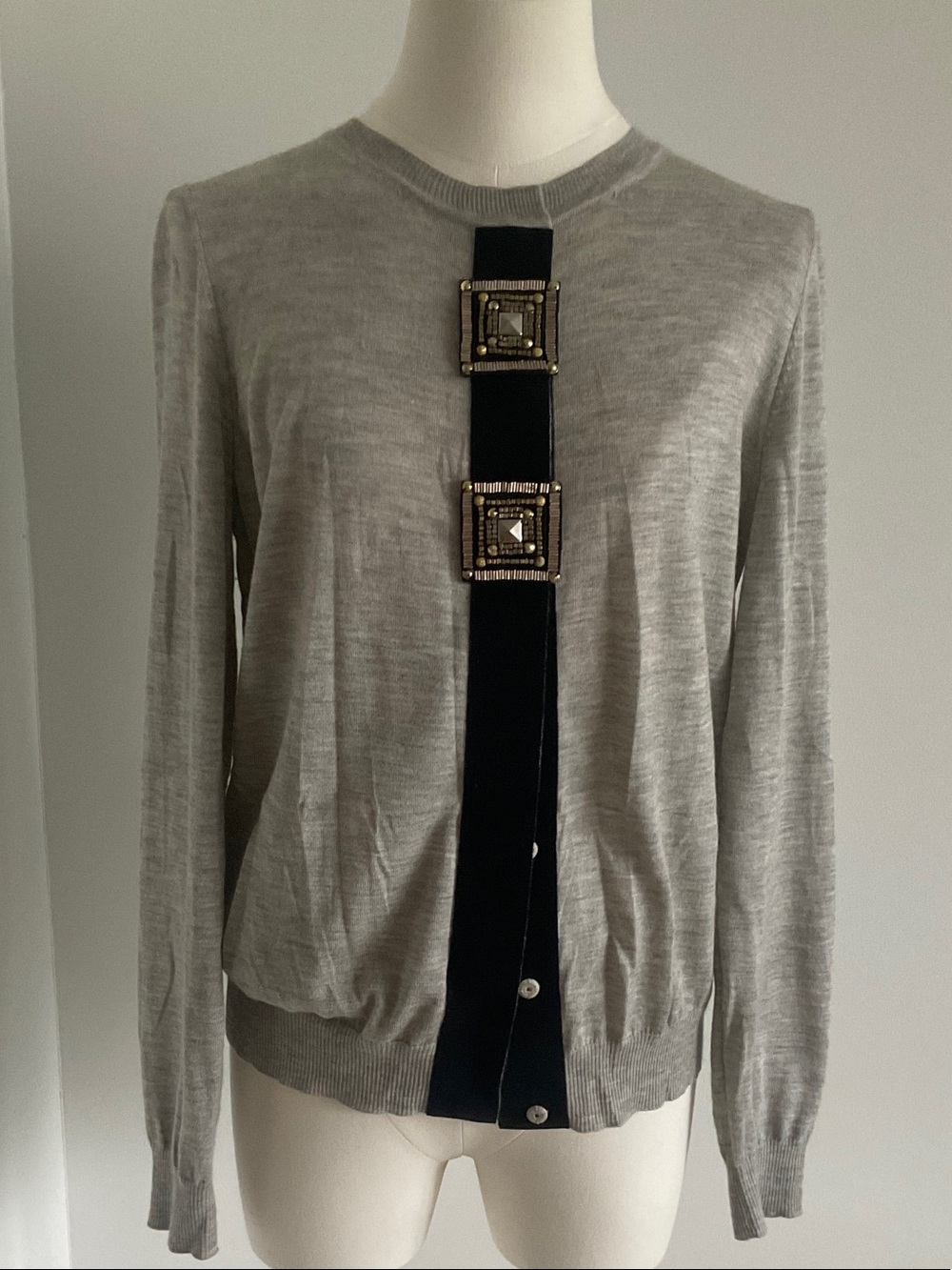 FENDI Grey Cashmere Embellished Crewneck Cardigan Sweater sz It 44